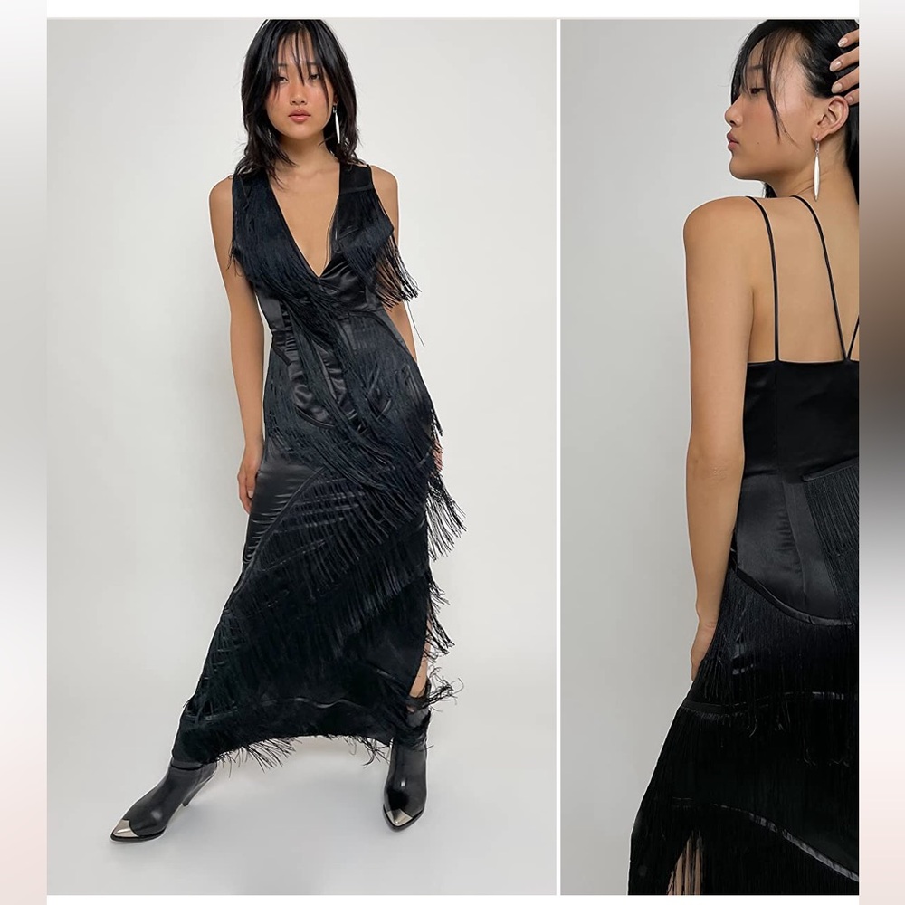 Preen by Thornton Bregazzi Black Strappy Back Fringe Dress